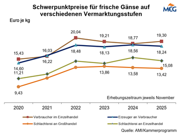 Fr frische Gnse mussten die Verbraucher im Einzelhandel im Jahr 2025 wieder mehr bezahlen als im Vorjahr.
